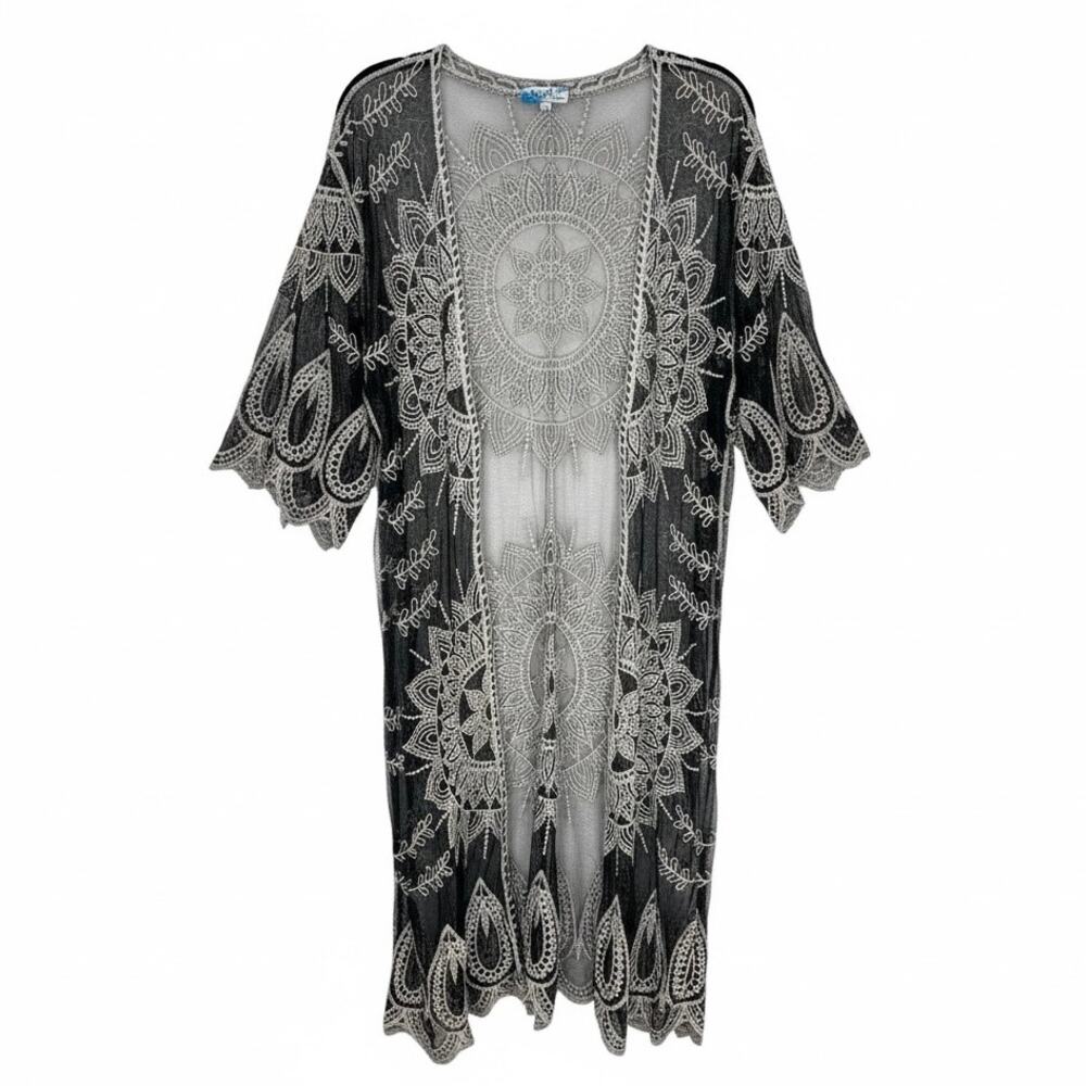 REBELLION AGAIN EMBROIDERED KIMONO Duster Cover Up SEMI-SHEER Black Size MEDIUM